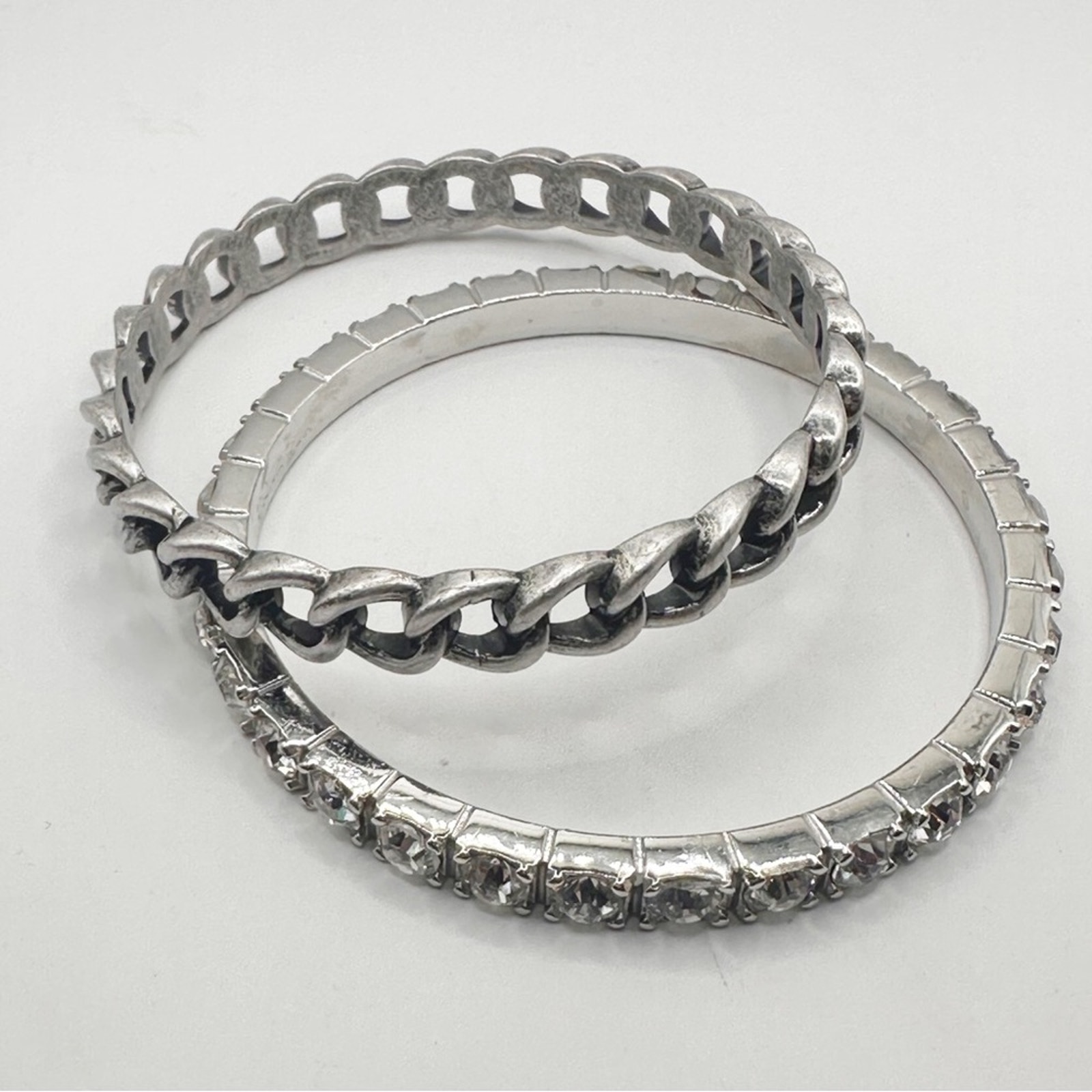 Rj Graziano Bangle Bracelet Set Of 2 Silver Cz Rhinestone Pewter Metal Chain